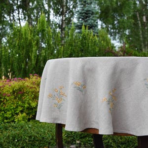 Linen round tablecloth with sea buckthorn embroidery, natural gray linen round tablecloth with embroidery, eco friendly tablecloth image 2