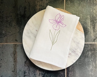 Linen tea towel with Iris flower embroidery, Linen kitchen towel, White dish towel, Linen hand towel