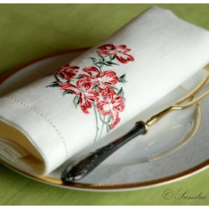 Floral Embroidered Linen Napkins - Hemstitched Dinner Napkins, Set of 6