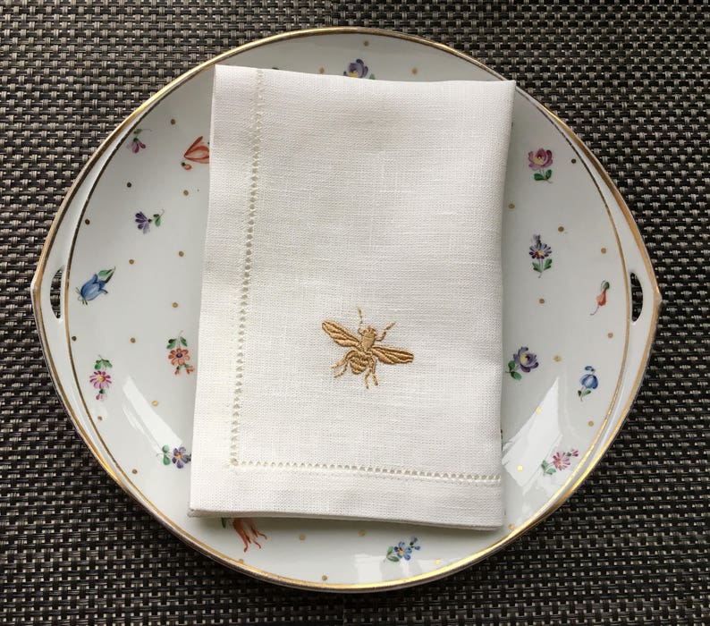 White Linen Dinner Napkins With Bee Embroidery and Hemstiched Etsy