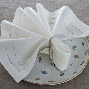 Linen dinner napkin with hemstitched edge all around in 2 lines, White linen napkin, organic napkin, Table linen