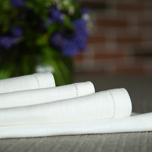White linen dinner napkin, Hemstitched napkin, Handmade linen napkin, Dinner napkin
