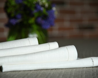 White linen dinner napkin, Hemstitched napkin, Handmade linen napkin, Dinner napkin