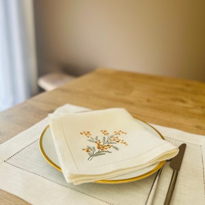 Linen dinner napkin with Sea buckthorn embroidery, Hemstitched napkin, White linen napkin, Organic cloth napkin, Birthday gift image 4