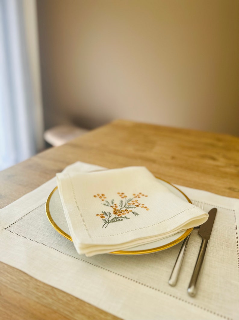 Linen dinner napkin with Sea buckthorn embroidery, Hemstitched napkin, White linen napkin, Organic cloth napkin, Birthday gift image 4