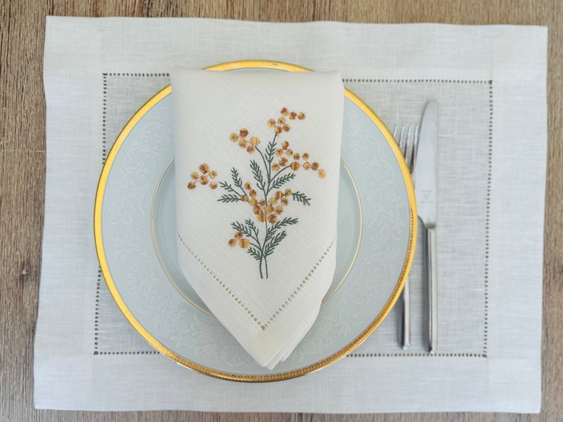 Linen dinner napkin with Sea buckthorn embroidery, Hemstitched napkin, White linen napkin, Organic cloth napkin, Birthday gift image 9