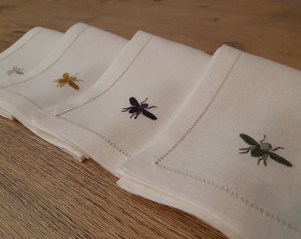 White linen  dinner napkins with bee embroidery and hemstiched edge all around, white linen napkins, organic napkins, linen gift, set of 4