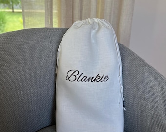 Personalized Off-White Linen Drawstring Bag • Custom Embroidery • Vintage Hemstitched Design