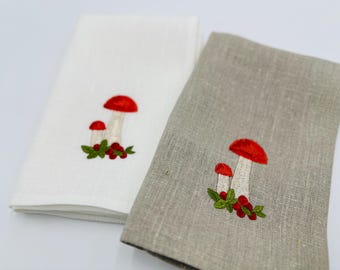 Paño de cocina de lino: Bordado de setas, decoración de cocina ecológica