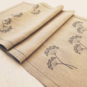 Gray Linen Table Runner with Dill Embroidery – Natural Flax Table Linen – Rustic Nordic Home Decor