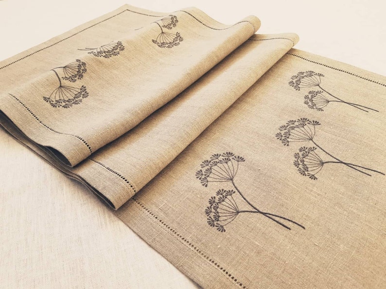 Natural Gray Linen Table Runner With Dills Embroidery Etsy