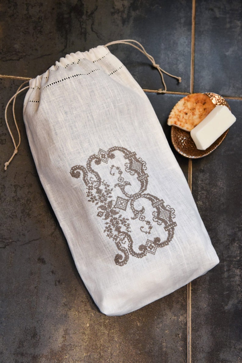 Travellers lingerie bag, Custom Initial embroidered linen lingerie bag, White linen Laundry bag, Personalized lingerie bag image 1