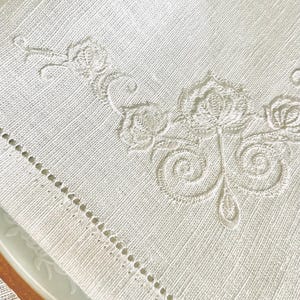 Off-White Linen Dinner Napkin with Floral Embroidery • 17×17 in • Elegant Wedding & Table Setting Linen