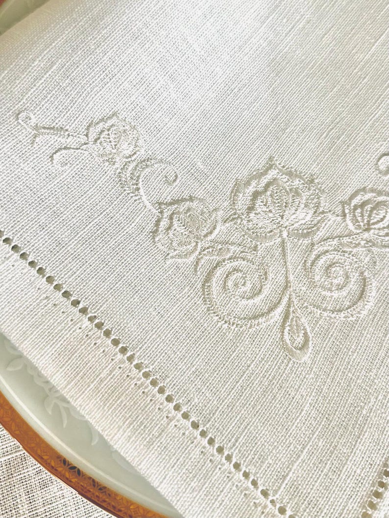 Off-White Linen Dinner Napkin with Floral Embroidery • 17×17 in • Elegant Wedding & Table Setting Linen