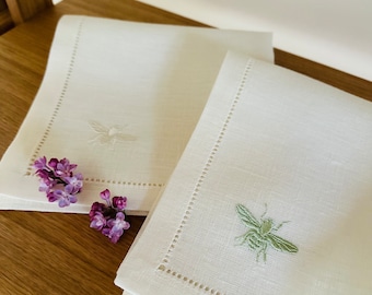 Bee Embroidered Linen Dinner Napkins - Set of 8 - Hemstitched Eco Linen