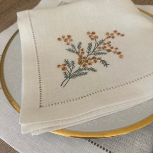 Linen dinner napkin with Sea buckthorn embroidery, Hemstitched napkin, White linen napkin, Organic cloth napkin, Birthday gift image 5