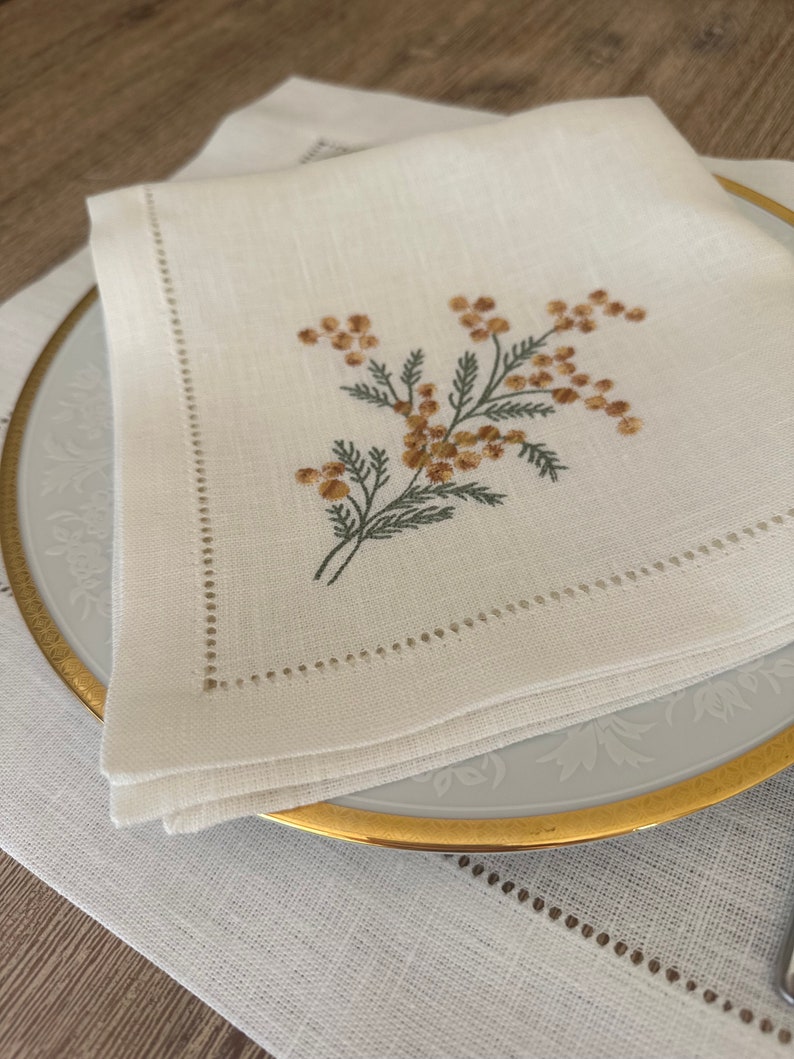 Linen dinner napkin with Sea buckthorn embroidery, Hemstitched napkin, White linen napkin, Organic cloth napkin, Birthday gift image 5