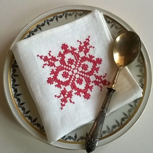 Linen cocktail napkins with Christmas motive embroidery, Christmas napkins, White linen napkins, Christmas gift image 2