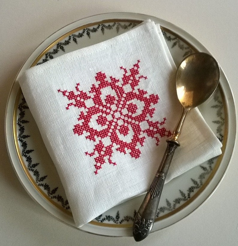 Linen cocktail napkins with Christmas motive embroidery, Christmas napkins, White linen napkins, Christmas gift image 2