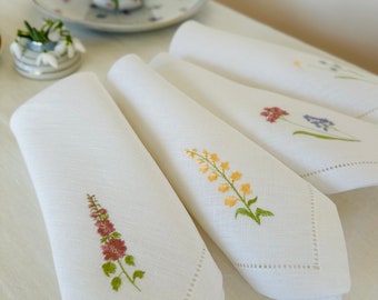 Embroidered White Linen Dinner Napkins: Meadow Wildflower Set of 4