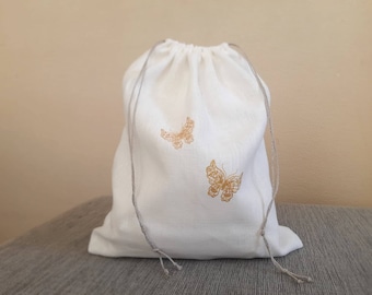 Linen Pouch bag Butterflies  Embroidered laundry bag Travel lingerie bag Drawstring laundry bag custom embroidery storage bag made by SANPO