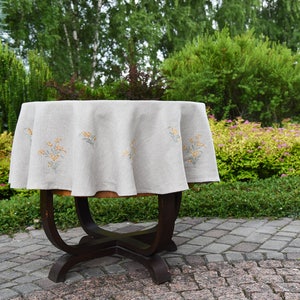 Linen round tablecloth with sea buckthorn embroidery, natural gray linen round tablecloth with embroidery, eco friendly tablecloth image 5