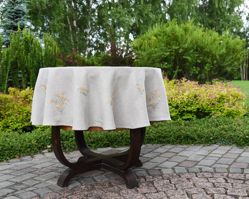 Linen round tablecloth with sea buckthorn embroidery, natural gray linen round tablecloth with embroidery, eco friendly tablecloth image 5