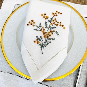 Linen dinner napkin with Sea buckthorn embroidery, Hemstitched napkin, White linen napkin, Organic cloth napkin, Birthday gift image 1