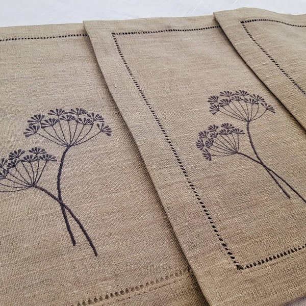 Natural gray linen placemats set with dill embroidery, set of 4 or 6, gray linen napkin made by  Sanpo