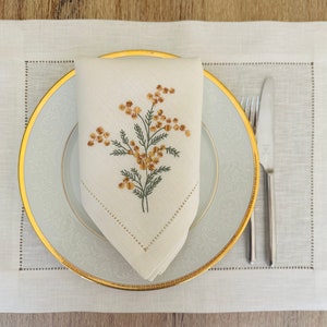 Linen dinner napkin with Sea buckthorn embroidery, Hemstitched napkin, White linen napkin, Organic cloth napkin, Birthday gift image 7