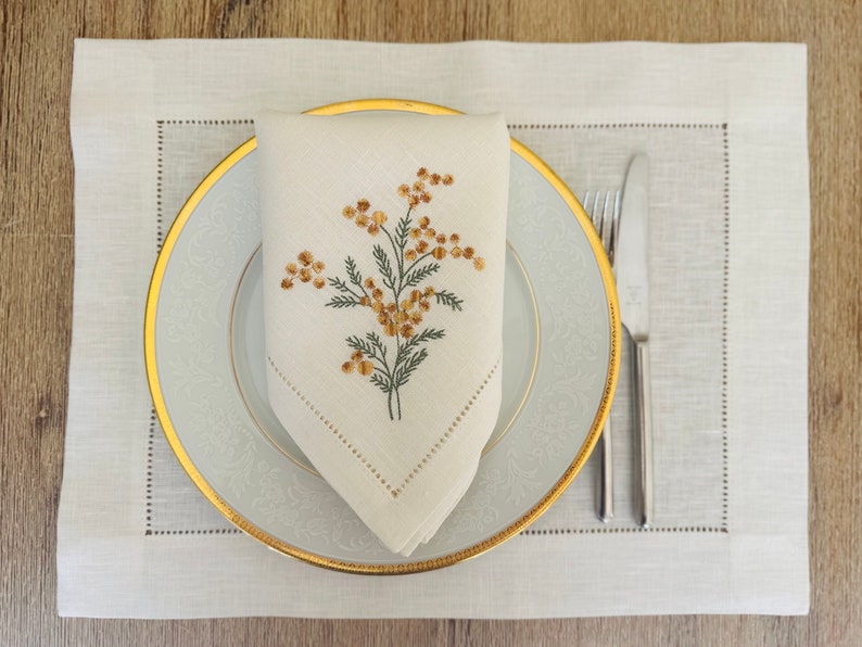 Linen dinner napkin with Sea buckthorn embroidery, Hemstitched napkin, White linen napkin, Organic cloth napkin, Birthday gift image 7
