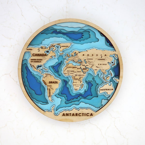 3D World Map, 6-Layer Laser Cut, Colored, Backlit, Stress Relief Coloring Kit, Optional Clock, 15.7" in Diameter