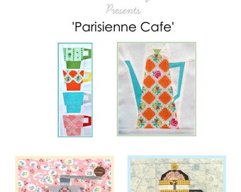 Parisienne Cafe: 4 mönster för quiltblock med papperslappar i papperslappar, cafétema, direktnedladdning i PDF-format