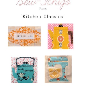 Pode incluir: Blocos de cobertor 'Kitchen Classics' apresentados por Sew-Ichigo. Os blocos apresentam uma batedeira de cozinha amarela, um bule amarelo com um design floral, um rótulo amarelo da Kitchen Aid e um livro de receitas azul e branco com o texto 'Foods - MyRecipes'.