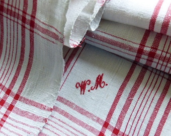 c. 1870/00 Antique Fantastically hand-woven linen towel " red Monogram W.M. " 4 sides red web stripes Christmas tablecloth or bath towel!