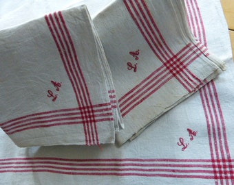 ca. 1880/00 " 3 Dreamlike Handwoven Linen Cloths" red monogram EK " on 4 sides red woven stripe table centerpieces great for Christmas time!