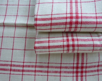 3 wonderful linen towels dishes kitchen wipes towels "without monogram red colored stripes + check unused original - OLD!