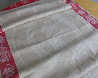 Antique " WoW very rare" woman ironing " motif mangle cloth linen cloth wide red floral border " ideal as a tablecloth an original "