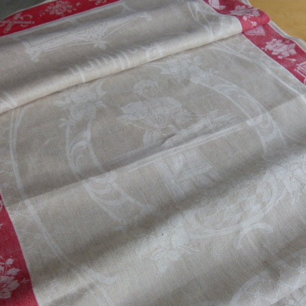 Antique " WoW very rare" woman ironing " motif mangle cloth linen cloth wide red floral border " ideal as a tablecloth an original "