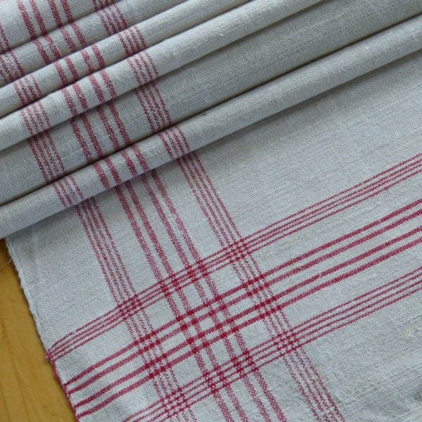 c. 1870/90 Antique Fantastically hand-woven linen towel " no monogram Length: 1.62YD "4 sides of red woven stripes Table runner Bath towel!