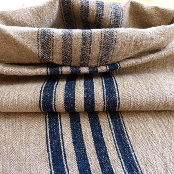 ca. 1900/10 German farmer grain Linensack blue stripes + herringbone "used undamaged original Grainsack Flour bag sew on for backpacks