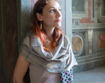 Meditation shawl- Hand embroidered patchwork stole in silk and cotton - Subtle hues of grey, pale pink and purple