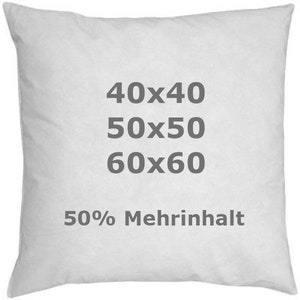 May include: A white square pillow with text indicating size options: 40x40, 50x50, and 60x60 inches. The text "50% Mehrinhalt" is also visible. The pillow appears to be made of a soft, possibly cotton, material.