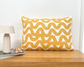 1 cushion cover WAVES golden yellow white Scandinavian waves stripes country house style graphic patio cushion cover cushion sofa cushion decorative cushion