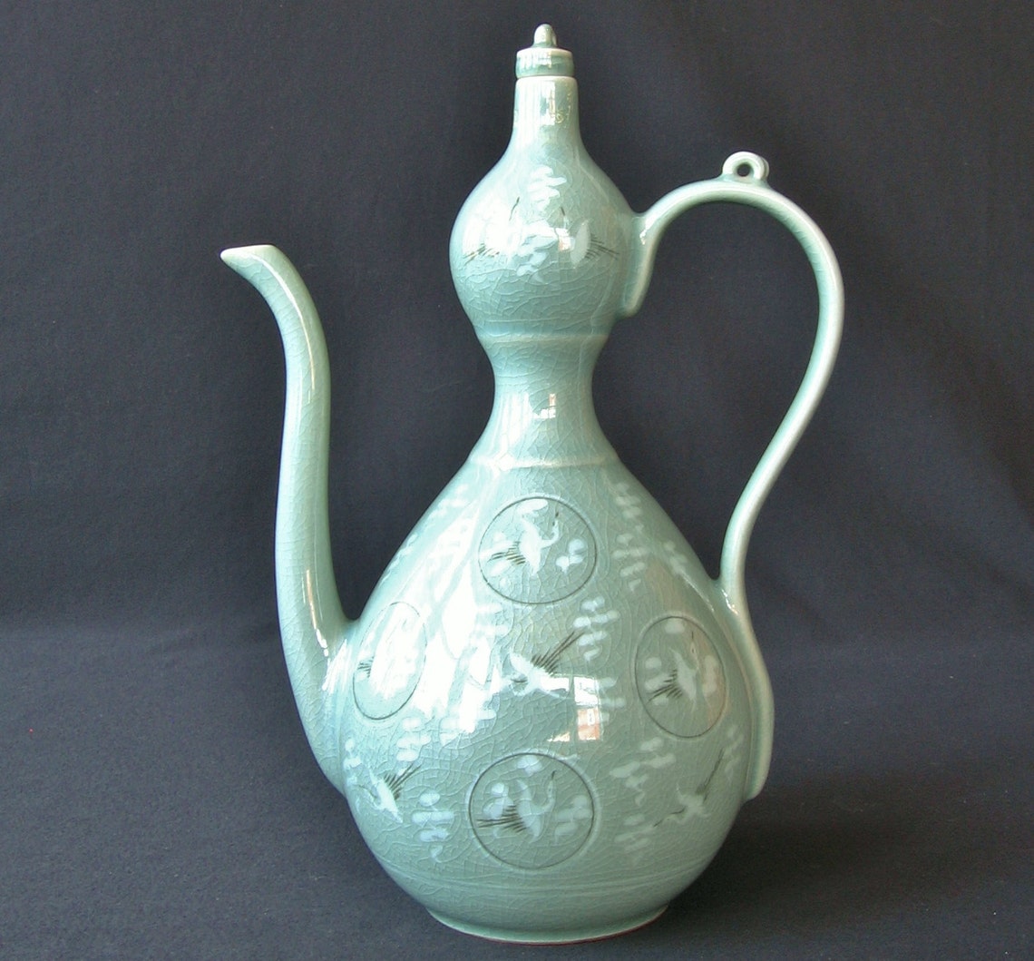 Vintage Korean Teapot Cranes Celadon Porcelain Large Etsy