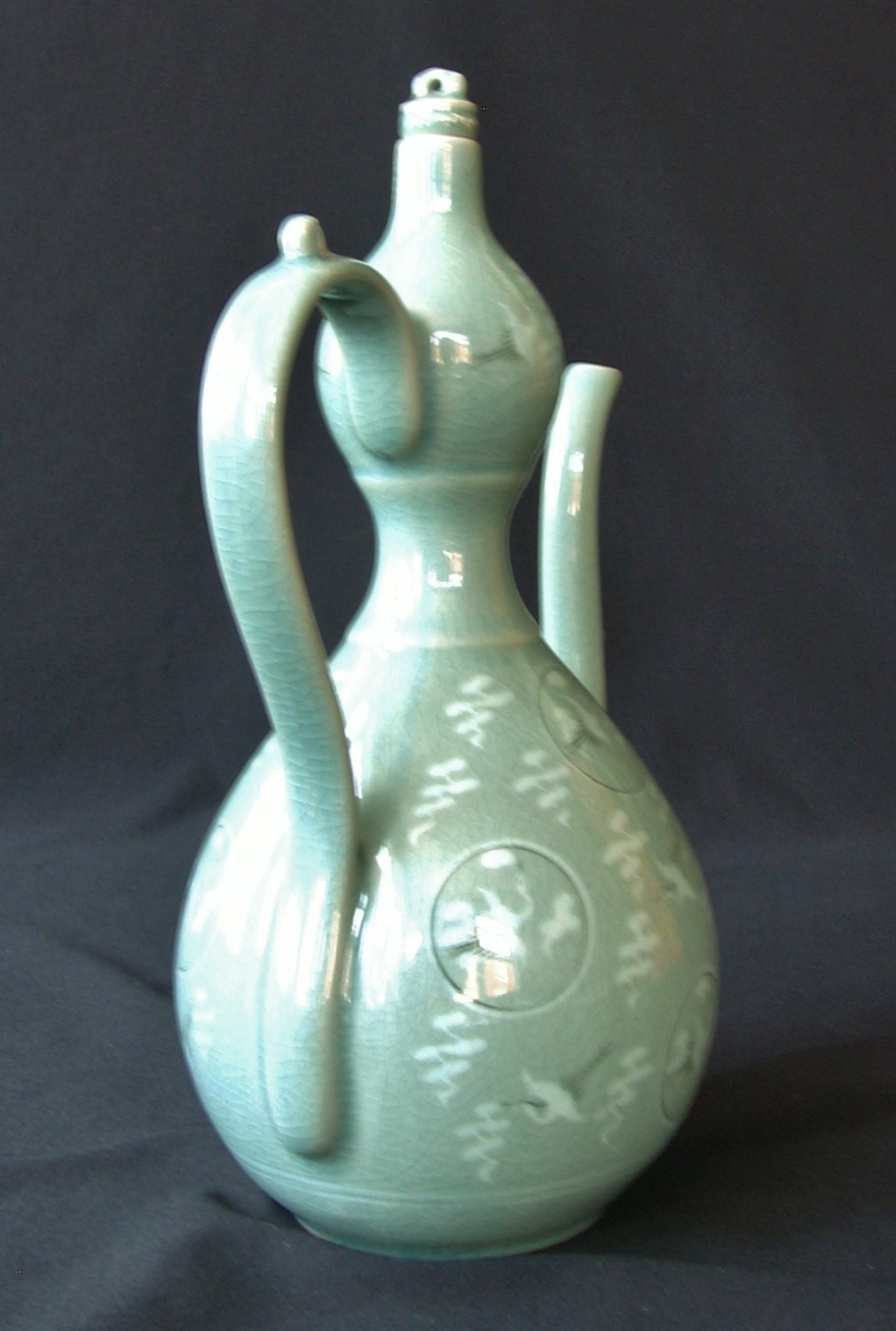 Vintage Korean Teapot Cranes Celadon Porcelain Large Etsy