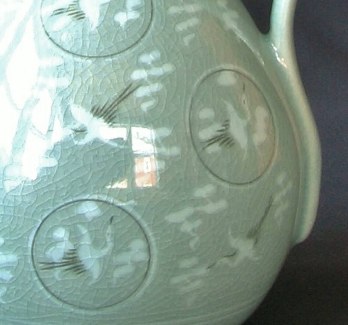 Vintage Korean Teapot Cranes Celadon Porcelain Large Etsy