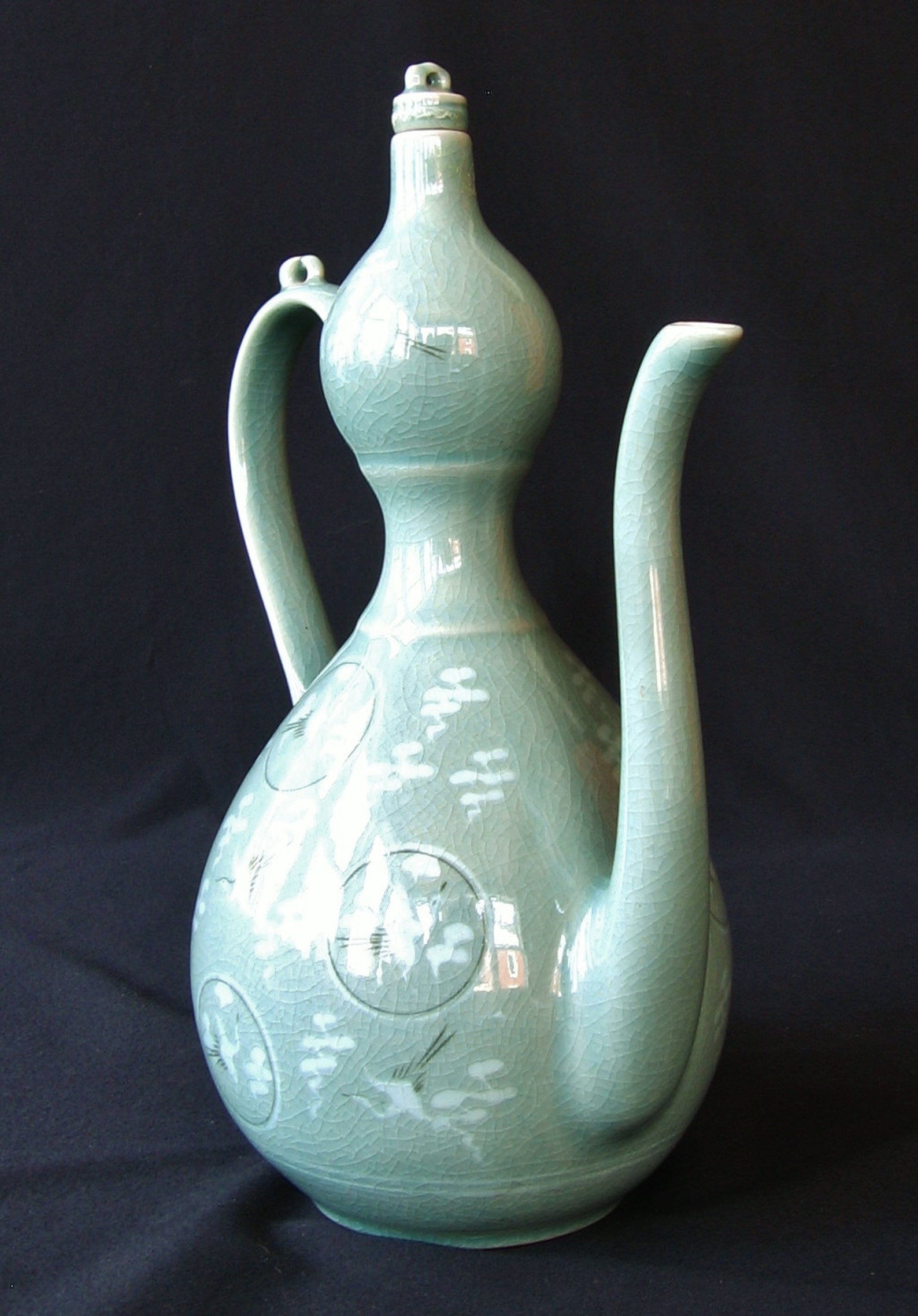 Vintage Korean Teapot Cranes Celadon Porcelain Large Etsy