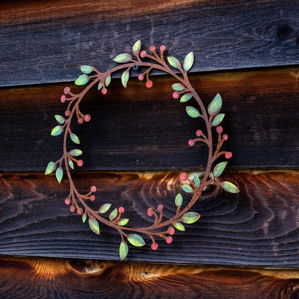 Leaf & Berry Wreath - SMALL - Painted | Rusted Metal Yard Art | Garden Gifts | Metal Garden Art | Garden Bed Decor | Garden Wreath