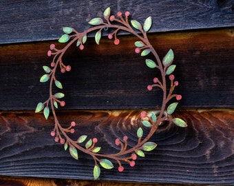 Leaf & Berry Wreath - SMALL - Painted | Rusted Metal Yard Art | Garden Gifts | Metal Garden Art | Garden Bed Decor | Garden Wreath